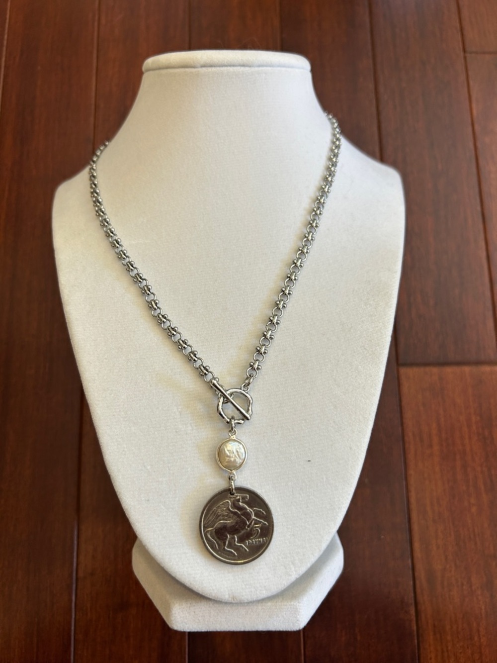 Silver-Tone Coin Pendant Necklace with Pearl Accent - Picture 3 of 4